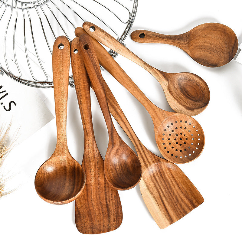Teak Wood Cooking Utensil Set - 7 Piece Kitchen Tools