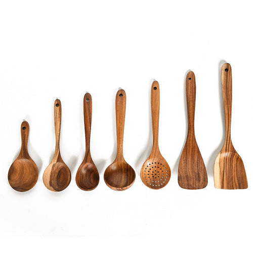 Teak Wood Cooking Utensil Set - 7 Piece Kitchen Tools